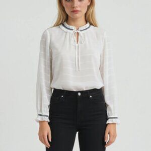 Talbots Boho Pintucked Tie Neck Blouse with Ribbon Detail in Ivory and Black